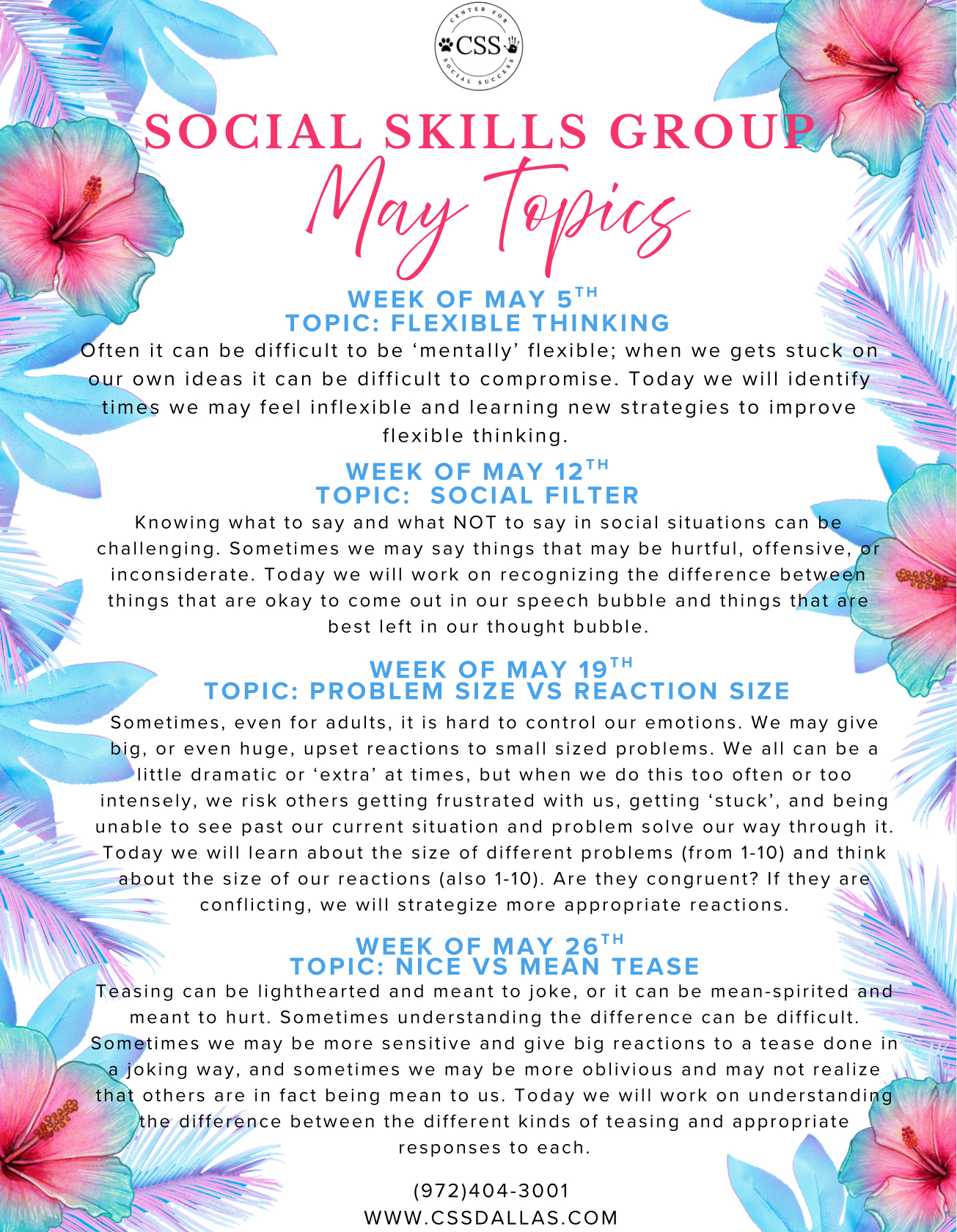 May Social Skills Group Topics Flyer