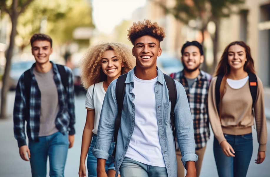 Group of smiling teens walking down a street toward the camera. Image for the therapy services page.