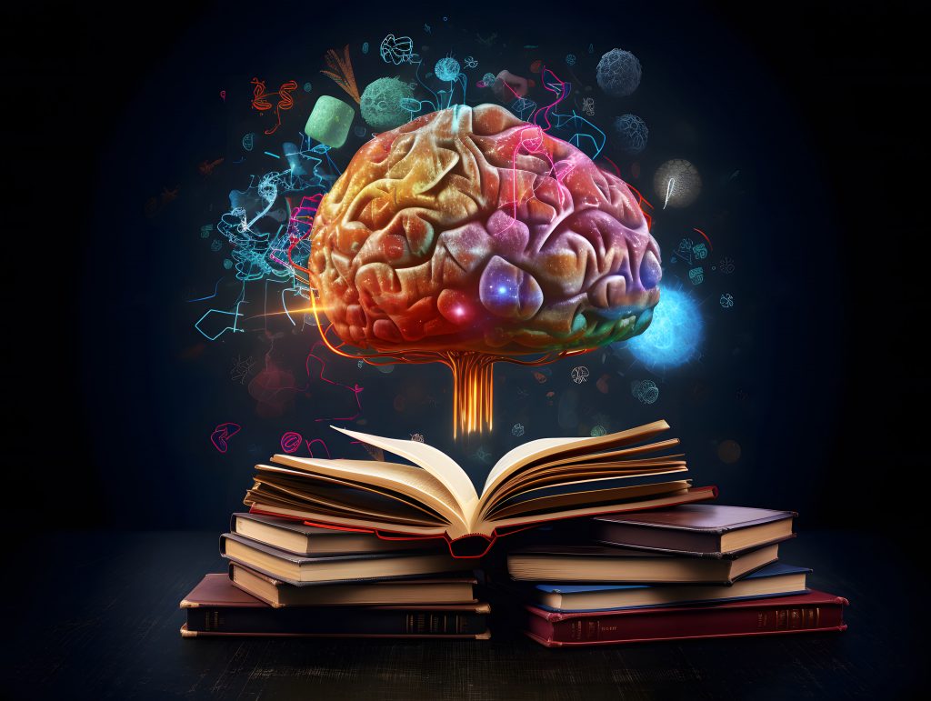 An art image of a brain floating above books with ideas and innovations floating around the brain. The landing image for the assessment services page.