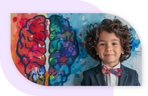 Image of boy standing next to an artwork brain. The boy has a suit on with a bowtie and poofy, curly hair.