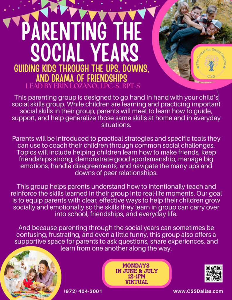 The image for the flyer for the "parenting the social years" summer group.