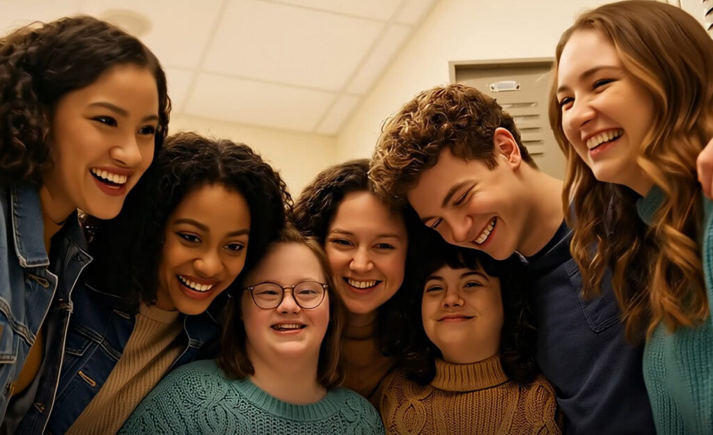 Students in a school hallway. The group includes two autistic individuals in a tight, happy huddle of hugs.